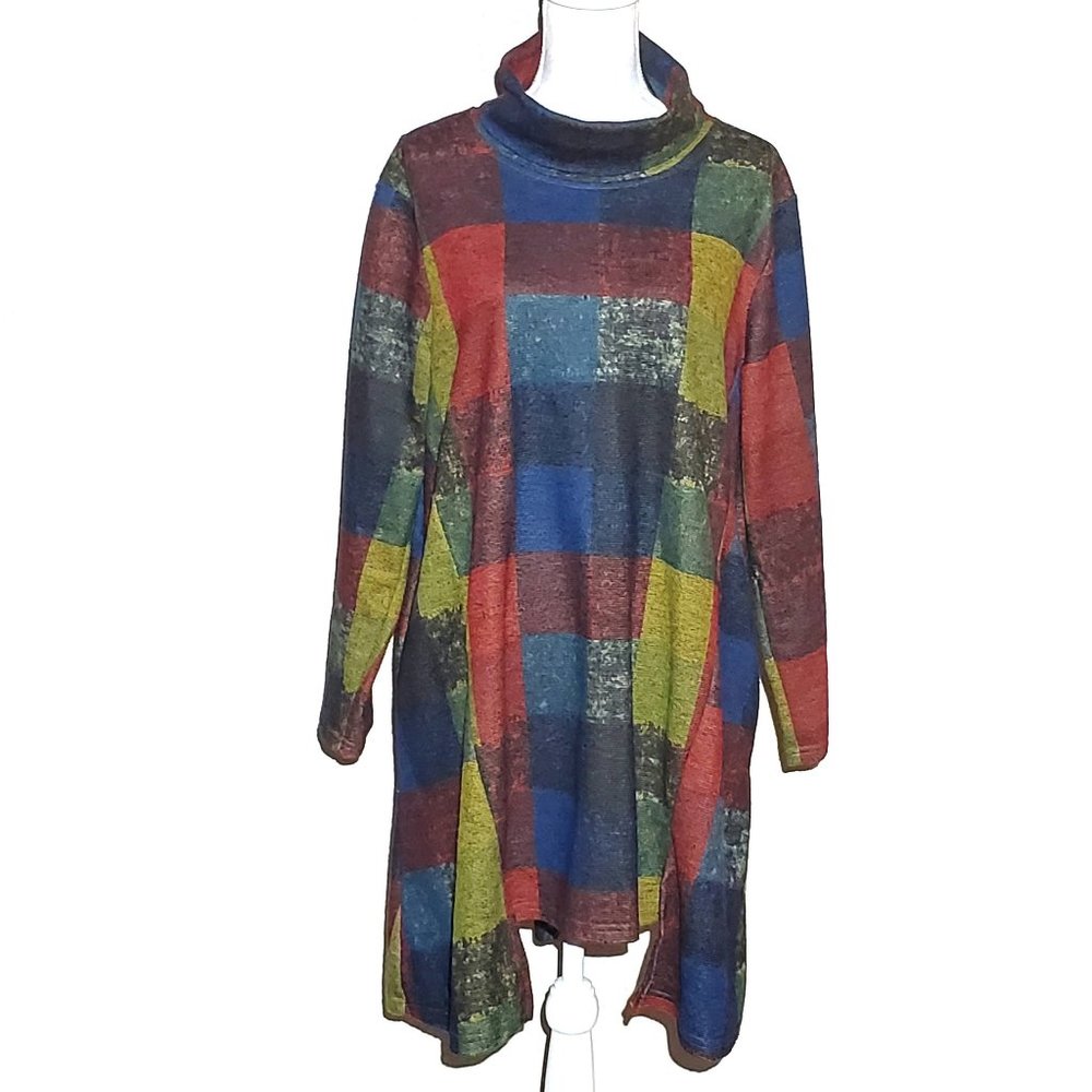 Yipinyichu Plaid Colorblock Turtleneck Tunic Dress
